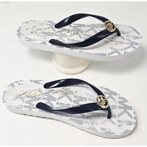 Michael Kors Jet Set Flip Flop Sandals Womens Size 8 Navy White Gold MK Logo - Picture 2 of 7